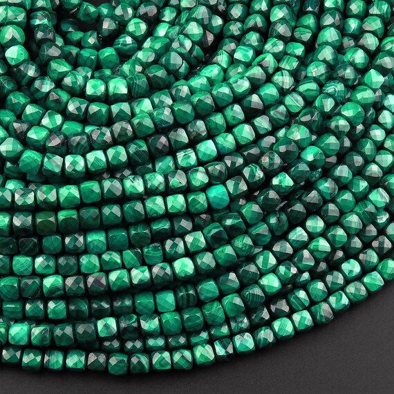 Natural Malachite Faceted 2mm 4mm 5mm Cube Square Dice Beads Gemstone 15.5" Strand