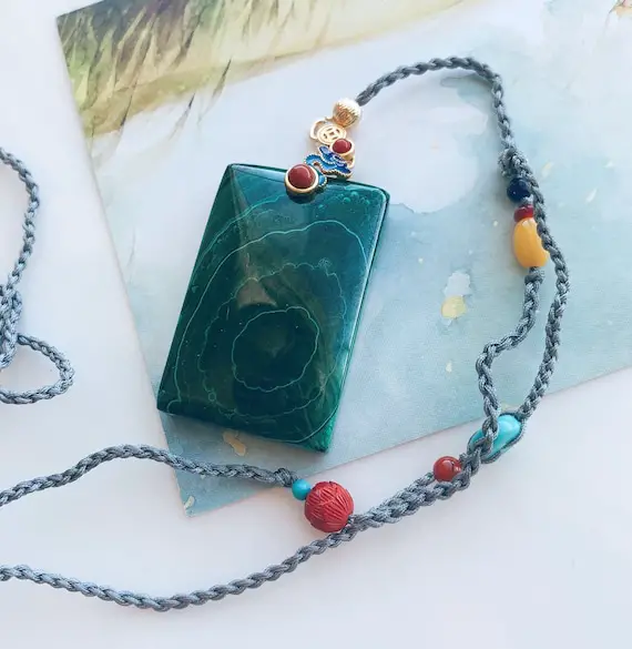 Malachite Necklace | Natural Gemstone Necklace | Wu Shi Pai | Pendant Necklace | Multi Stone Necklace | Mens Gift | Womens Gift