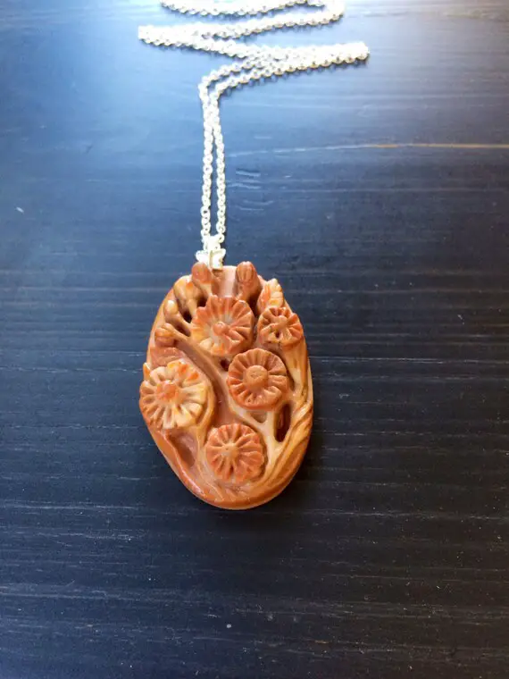 Sale Big Orange Brown Malachite Pendant Sterling Silver Necklace.  Carved Flower Stone.  Brown Gemstone.  Statement Jewelry.