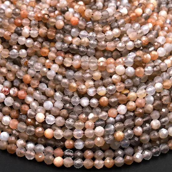 Aaa Micro Faceted Natural Multicolor Peach Gray Moonstone 2mm 3mm 4mm Round Beads 15.5" Strand