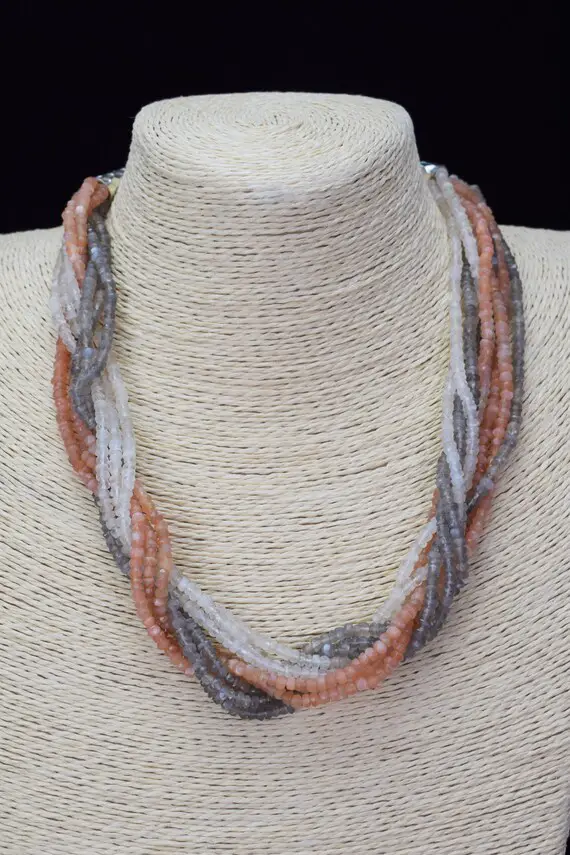 Multi-moonstone Statement Necklace - Multi-strand Braided Necklace - Peach / White / Grey Moonstone - Natural Gemstone