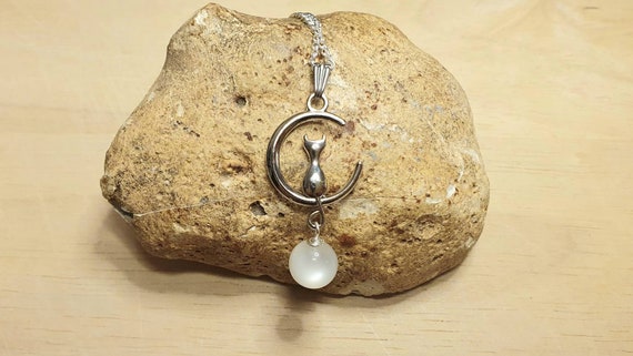 Crescent Moon Cat Moonstone Pendant. Crystal Reiki Jewelry Uk. June's Birthstone. White 10mm Stone. Empowered Crystals
