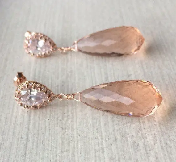 Peach Morganite Pave Posts Earrings. Pink Orange Morganite Jewelry. Statement Earrings. Special Occasions. Rose Gold Studs. Briolette Dangle