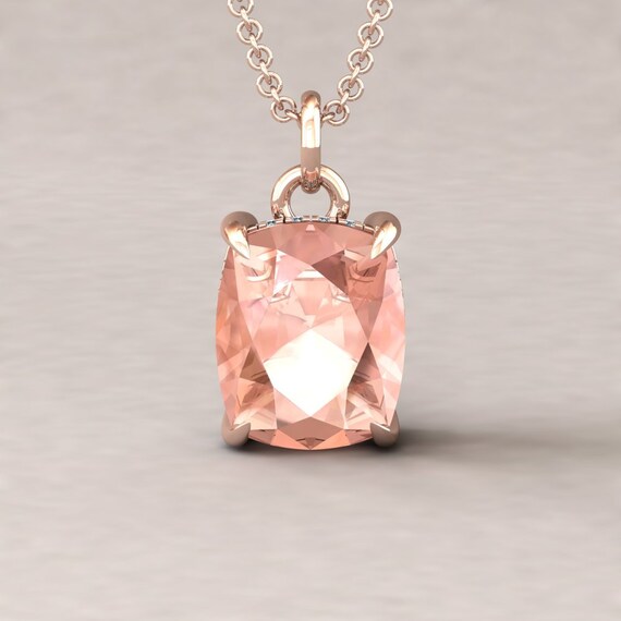 Cushion Solitaire Morganite Pendant, Fang Prongs, Hidden Diamond Halo, Lifetime Care Plan Included, Genuine Gems And Diamonds Ls5739