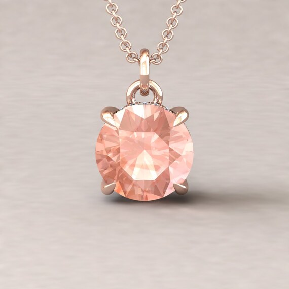 Round Solitaire Morganite Pendant, Fang Prongs And Hidden Diamond Halo, Lifetime Care Plan Included, Genuine Gems And Diamonds Ls5740