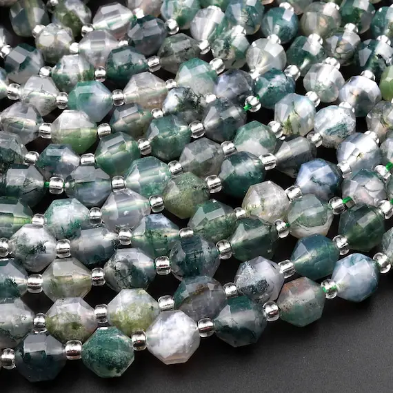 Natural Green Moss Agate 6mm 8mm Beads Rounded Faceted Energy Prism Double Terminated Points 15.5" Strand
