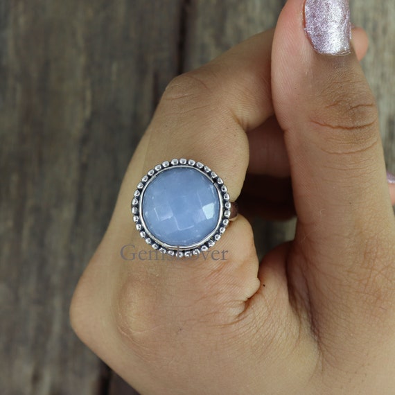 Natural Angelite  Ring, Healing Stone Ring, Sterling Silver Ring, Statement Ring, Bohemian Ring, Everyday Ring, Gift For Her, Ring For Women