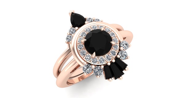 Natural Black Onyx Engagement Ring Set, Wedding Ring Set For Her, 14k Rose Gold Vermeil Ring Set, Bridal Moissanite Ring Set, Halo Ring