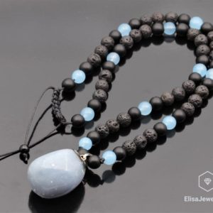Shop Angelite Pendants! Natural Raw Angelite Pendant Necklace Angelite Black Onyx Lava Gemstone Healing Beaded Best Friend Gift Necklace For Her Christmas Gift | Natural genuine Angelite pendants. Buy crystal jewelry, handmade handcrafted artisan jewelry for women.  Unique handmade gift ideas. #jewelry #beadedpendants #beadedjewelry #gift #shopping #handmadejewelry #fashion #style #product #pendants #affiliate #ad