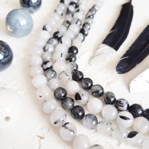 Natural Tourmaline quartz 8mm beads, Tourmalinated quartz, Rutilated quartz, Natural quartz stone beads, Gemstone beads, Mala beads | Natural genuine round Tourmalinated Quartz beads for beading and jewelry making.  #jewelry #beads #beadedjewelry #diyjewelry #jewelrymaking #beadstore #beading #affiliate #ad
