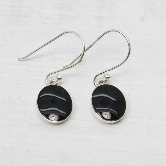 Black Obsidian Oval Shape Earrings Drop Style Natural Stone Set On 950 Sterling Silver Amazing Quality Jewelry Beautiful Coral Colour