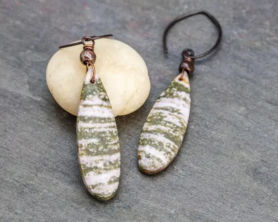Ocean Jasper Earrings, Green And White Stone Earrings, Natural Stone Teardrop Earrings,  Jasper Dangle Earrings Copper, Stone Dangle Earring