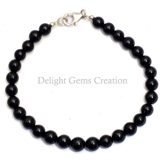 Natural Onyx Beaded Bracelet- 6-6.5mm Black Onyx Smooth Round Beads Bracelet, Black Bead Bracelet, Semi Precious Stone Beads Bracelet