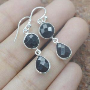 Shop Onyx Earrings! Black Onyx 925 Sterling Silver Faceted Natural Gemstone 2 Stone Hook Earring | Natural genuine Onyx earrings. Buy crystal jewelry, handmade handcrafted artisan jewelry for women.  Unique handmade gift ideas. #jewelry #beadedearrings #beadedjewelry #gift #shopping #handmadejewelry #fashion #style #product #earrings #affiliate #ad