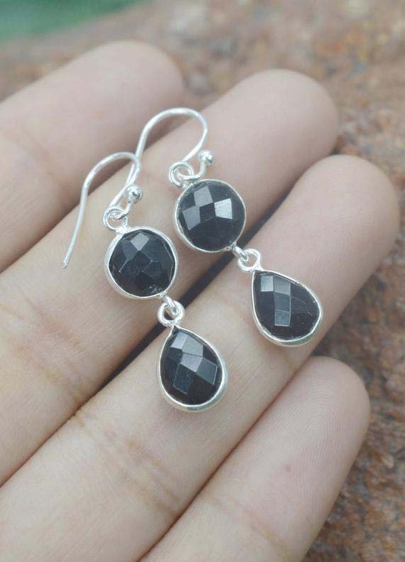 Black Onyx 925 Sterling Silver Faceted Natural Gemstone 2 Stone Hook Earring