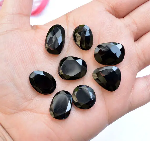 10 Pieces Lot, Black Onyx Gemstone, Mix Size And Shape Gemstone, Checker Cut Onyx Loose Gemstone, Rose Cut Slices 13x16 - 15x22mm #p0125