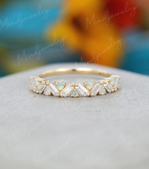 Unique Half Eternity Baguette Cut Moissanite Wedding Band Vintage Yellow Gold Opal Wedding Band Women Matching Band Bridal Promise Gift
