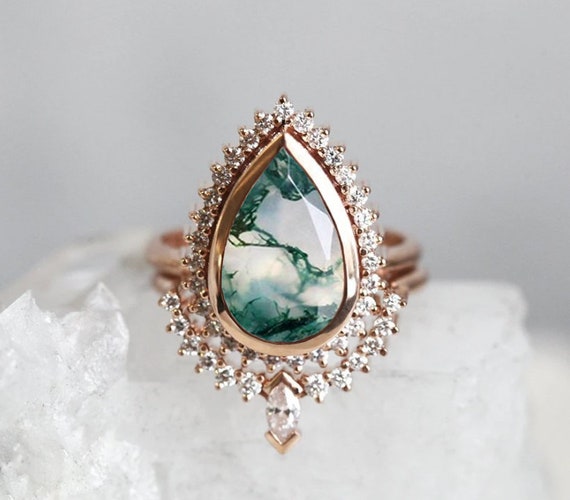 Moss Agate Engagement Ring Set, Pear Gemstone Set, Vintage Mossy Bridal Halo Ring
