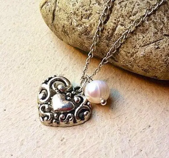 Sale Silver Heart Pendant Charm Necklace.  White Pearl. Birthstone Jewelry.  Birthday Gifts Under 25. Personalized Jewelry