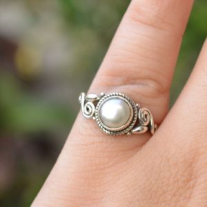 Shop Pearl Rings! Silver Ring, Round Shape, Pearl Gemstone Ring, 925 Sterling Silver Jewelry, Handmade Ring, Stone Ring, Gift For Her, Boho Jewelry, R 12 | Natural genuine Pearl rings, simple unique handcrafted gemstone rings. #rings #jewelry #shopping #gift #handmade #fashion #style #affiliate #ad
