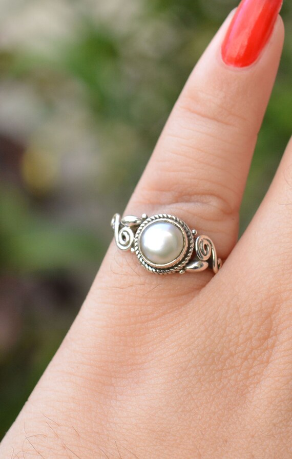 Silver Ring, Round Shape, Pearl Gemstone Ring, 925 Sterling Silver Jewelry, Handmade Ring, Stone Ring, Gift For Her, Boho Jewelry, R 12