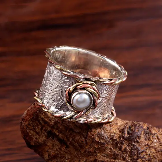 Pearl Ring, Spinner Ring, Anxiety Ring, Boho Fidget Ring, Tribal Thumb Ring, Handmade Ring For Men Women, 925 Sterling Silver,statement Ring