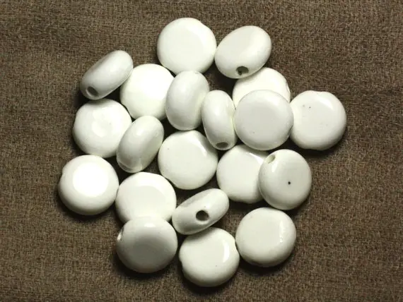 50pc - Perles Porcelaine Céramique Ronds Palets 15mm Blanc