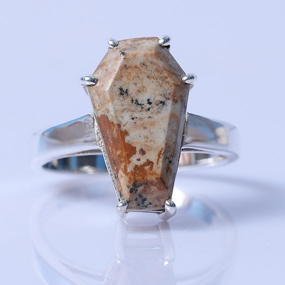 Coffin Ring, Picture Jasper Ring, 925 Solid Silver Ring, Prong Ring, 11x18mm Coffin Ring, Jasper Ring, Handmade Ring, Unisex Ring