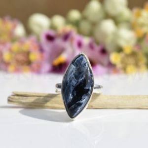 Shop Pietersite Rings! Blue Pietersite Ring, Sterling Silver Ring, Marquise Shape Ring, Simple Band Ring, Bezel Set Ring, Cabochon Gemstone Ring, Dainty Ring, Boho | Natural genuine Pietersite rings, simple unique handcrafted gemstone rings. #rings #jewelry #shopping #gift #handmade #fashion #style #affiliate #ad