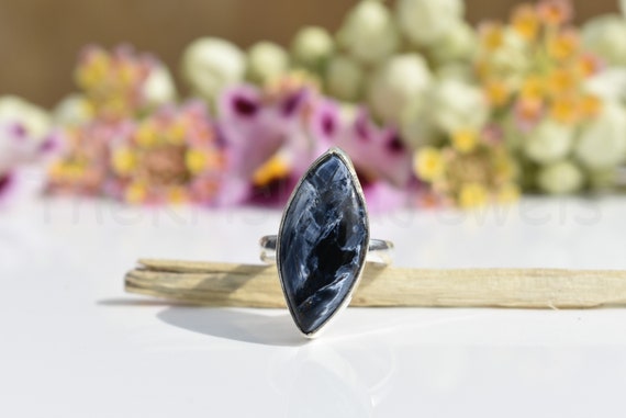 Blue Pietersite Ring, Sterling Silver Ring, Marquise Shape Ring, Simple Band Ring, Bezel Set Ring, Cabochon Gemstone Ring, Dainty Ring, Boho