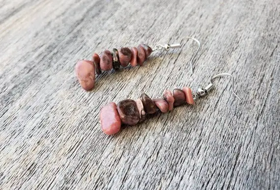 Pink Rhodonite Stone Dangle Drop Earrings - Dangly Earrings - Everyday Earrings - Energy Balancing - Gift For Her