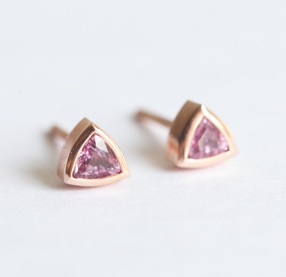 Triangle Earrings Rose Gold, Pink Sapphire Earring Studs, Simple Everyday Earrings With Sapphires
