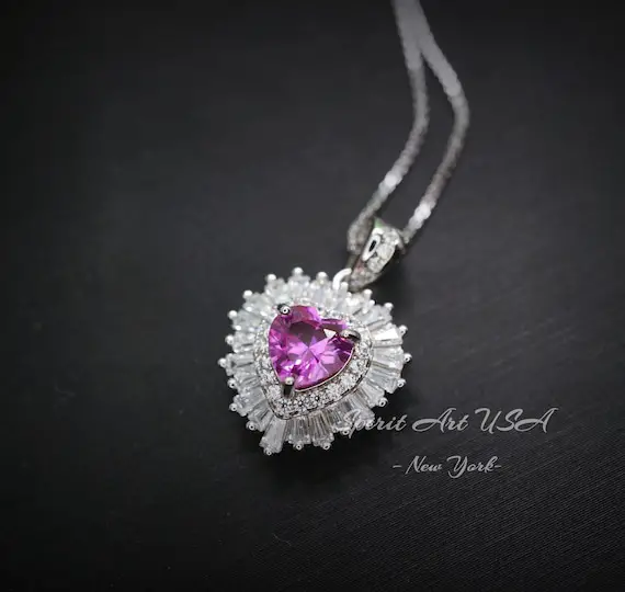 Double Halo Pink Sapphire Necklace -  Pink Heart Pendant - 18kgp @ Sterling Silver - Dainty Fuchsia Red Pink Sapphire Pendant #298