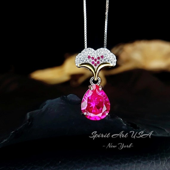 Pink Sapphire Necklace -  Ginkgo Biloba Pendant - 18kgp @ Sterling Silver - Large Teardrop  3.5 Ct Fuchsia Sapphire Jewelry Diamond Leaf