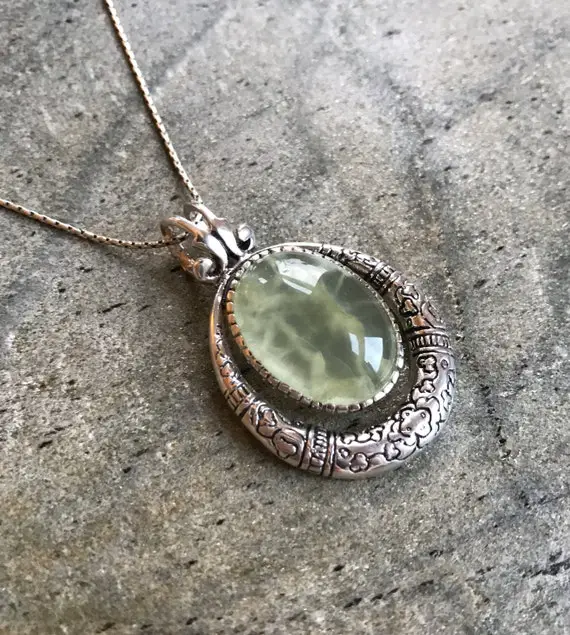 Prehnite Pendant, Healing Stones, Vintage Pendant, Tribal Pendant, Birthstone Pendant, Green Stone, Huge Pendant, Solid Silver, Pure Silver