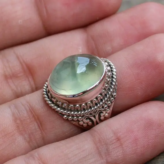 Prehnite Sterling Silver Rings, Stone Of Prophecy, Gift For Her, Natural Green Prehnite Gemstone, Anniversary Gift, Lucky Stone Rings