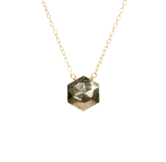 Pyrite Necklace, Hexagon Necklace, Mineral Necklace, Healing Stone Jewelry, Fools Gold, A Faceted Pyrite On A 14k Gold Filled Chain