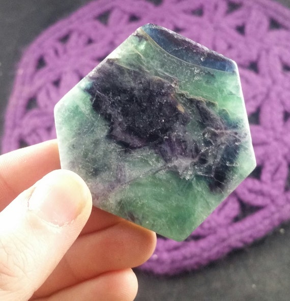 Rainbow Fluorite Polished Freeform Crystal 6 Sided Green Purple Palm Flat Free Form Slab Slice Geometric Hexagon Rainbow Fluorite Polished Freeform Crystal 6 Sided Green Purple Palm Flat Free Form Slab Slice Geometric Hexagon