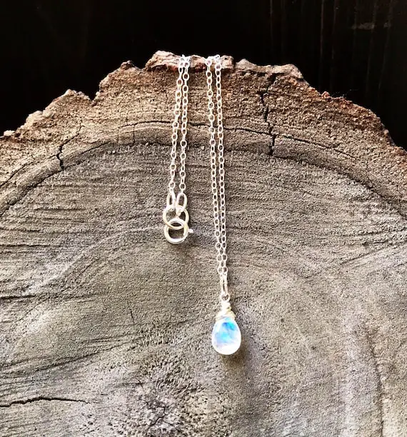 Sale Tiny Rainbow Moonstone Necklace. Moon Stone Pendant. Solid .925 Sterling Silver. June Birthstone. Twin Zodiac. Smooth Gem