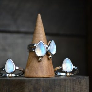 Shop Rainbow Moonstone Rings! Rainbow Moonstone Ring, Moonstone Ring, Sterling Silver, 14K Gold, Teardrop Moonstone Ring, Moonstone Stacker, Gold, Mixed Metal, Moonstone | Natural genuine Rainbow Moonstone rings, simple unique handcrafted gemstone rings. #rings #jewelry #shopping #gift #handmade #fashion #style #affiliate #ad