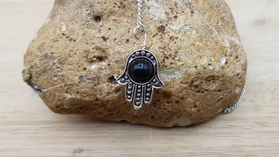 Rainbow Obsidian Hamsa Pendant Necklace. Reiki Jewelry Uk. Silver Plated Protection Symbol. Hamsa Hand. 8mm Stone