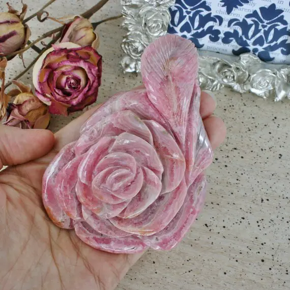 Rhodochrosite Rose Carving, Hands Carved Flower From Capilitas, Argentina, 4.11"x2.57"1.06"