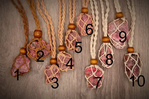 Raw Rhodonite Macrame Knotted Net Cotton Necklace Compassion, Love (brazil)