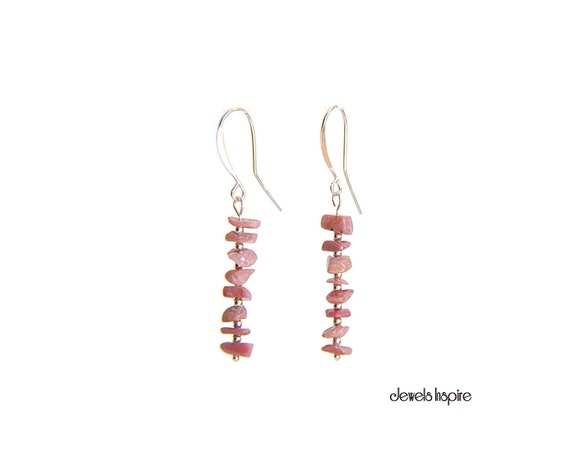 Natural Pink Stone Beaded Earrings, Custom Length, Sterling Silver Earrings, Gemstone Chip Stacked Earrings, Rose Rhodonite Chip Earrings