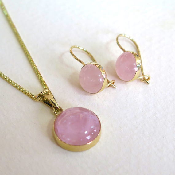 14k Gold Rose Quartz Necklace - Rose Quartz Necklace - Handmade Jewelry - Solid Gold Jewelry - Gift For Her - Rose Quartz Gold Set