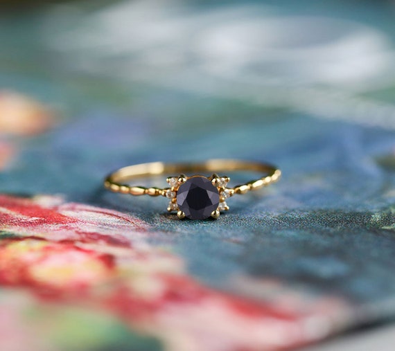 Round Black Onyx Engagement Ring, Art Deco Yellow Gold Bridal Ring, Minimalist Moissanite Ring, Vintage Wedding Ring, Promise Anniversary