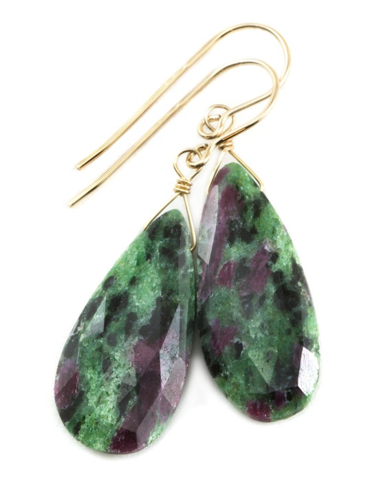 Red Ruby Zoisite Anyolite Earrings Faceted Teardrop Long Drops Sterling Silver Or 14k Solid Yellow Gold Or Filled Natural Large Green Red