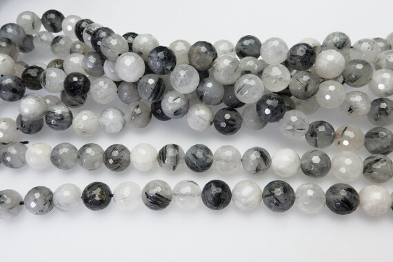 Rutilated Quartz Faceted Round Beads - Faceted Round Gemstone Stone Beads -black And White  Jewelry Components  For Beading Project -15inch