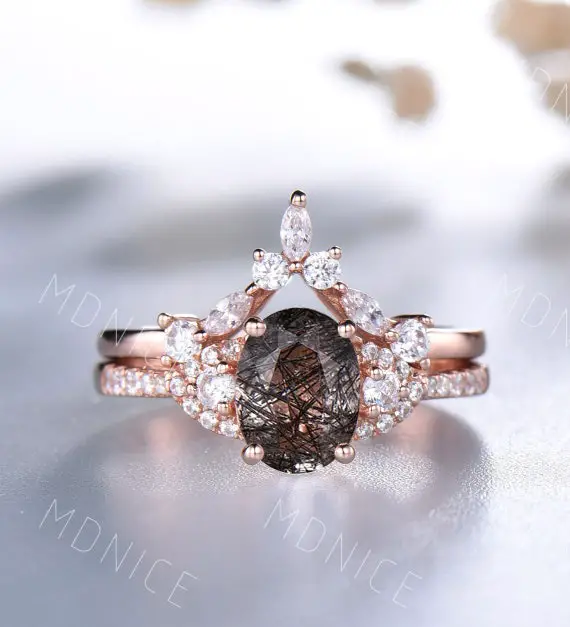 Black Rutilated Quartz Engagement Ring Rose Gold Wedding Ring Set Unique Cluster Stacking Band Black Gemstone Ring Promise Anniversary Gift