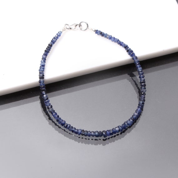 Blue Sapphire Bracelet, 3.5-4mm Blue Sapphire Faceted Rondelle Beads Bracelet, Natural Aaa++ Blue Sapphire Beaded Bracelet, 8 Inch Bracelet